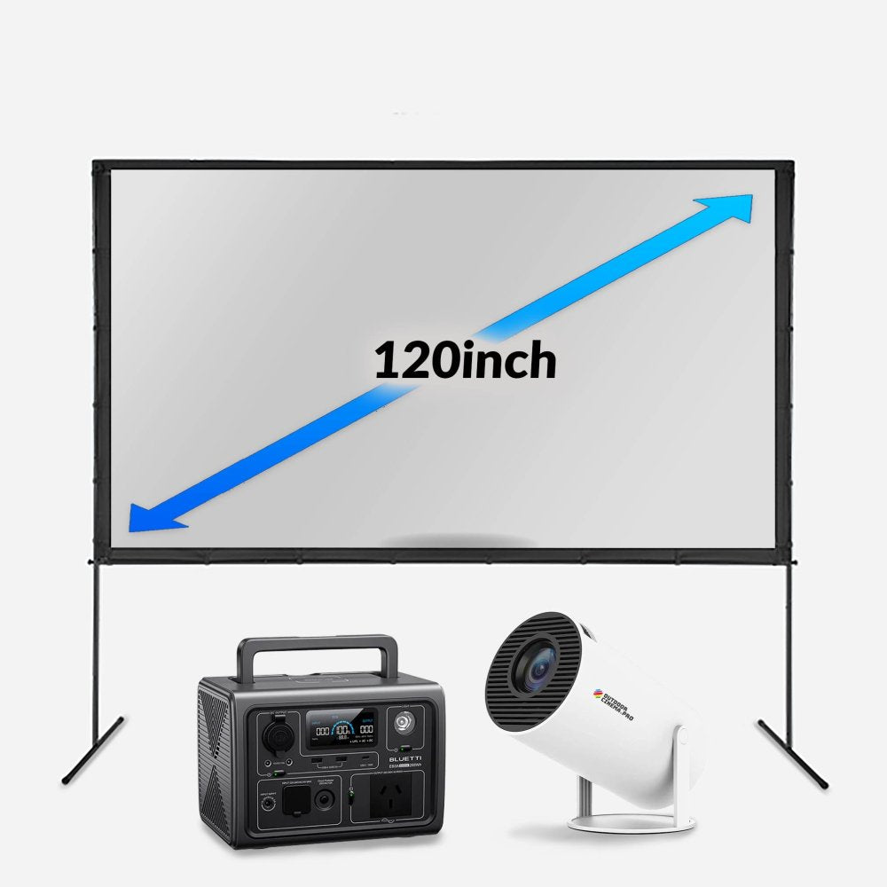 A 120 inch white projection screen with a  a black portable power station, and a white projector placed in front of the screen.