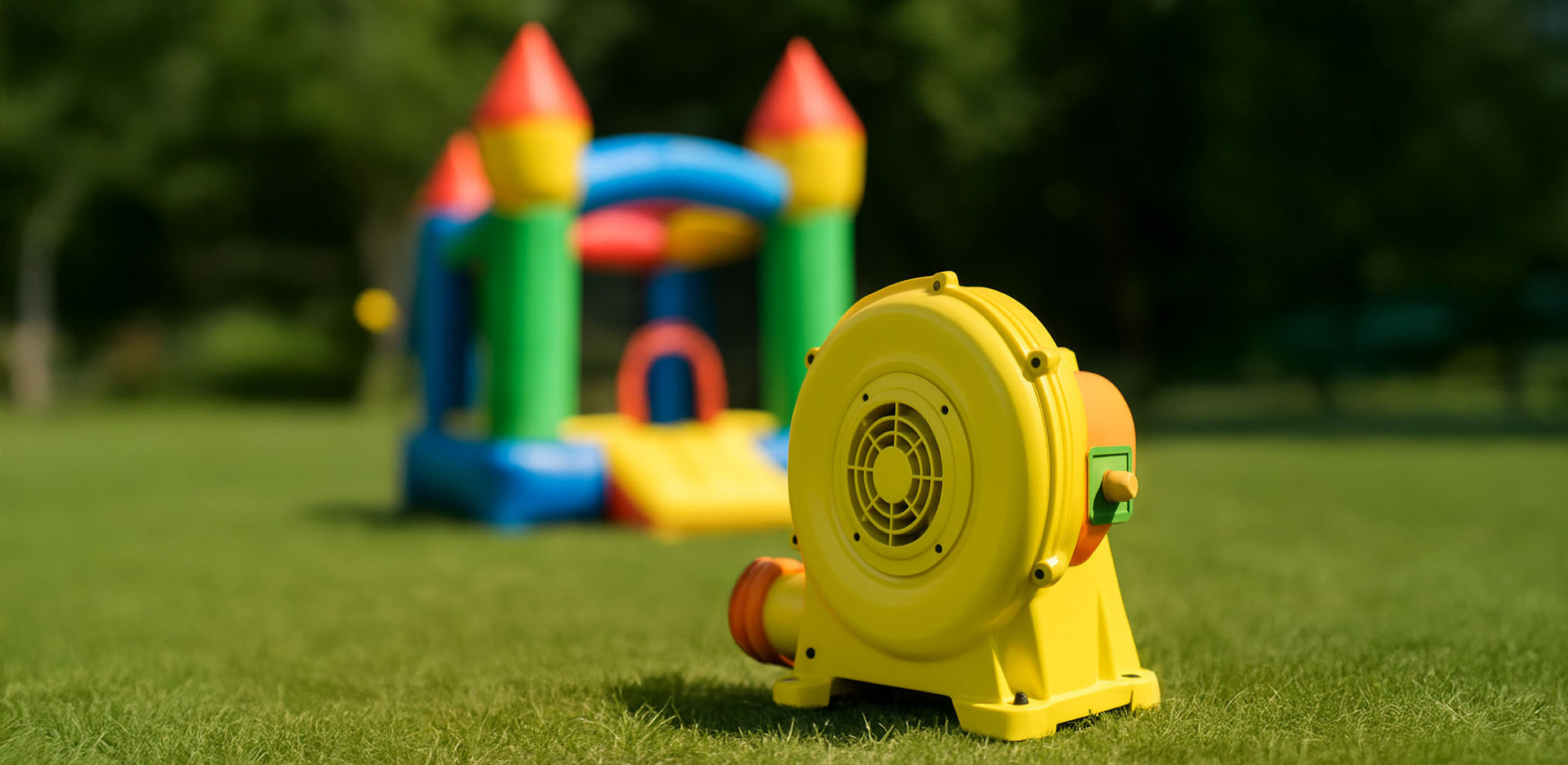 Yellow air blower on grass with colourful inflatable castle in the background