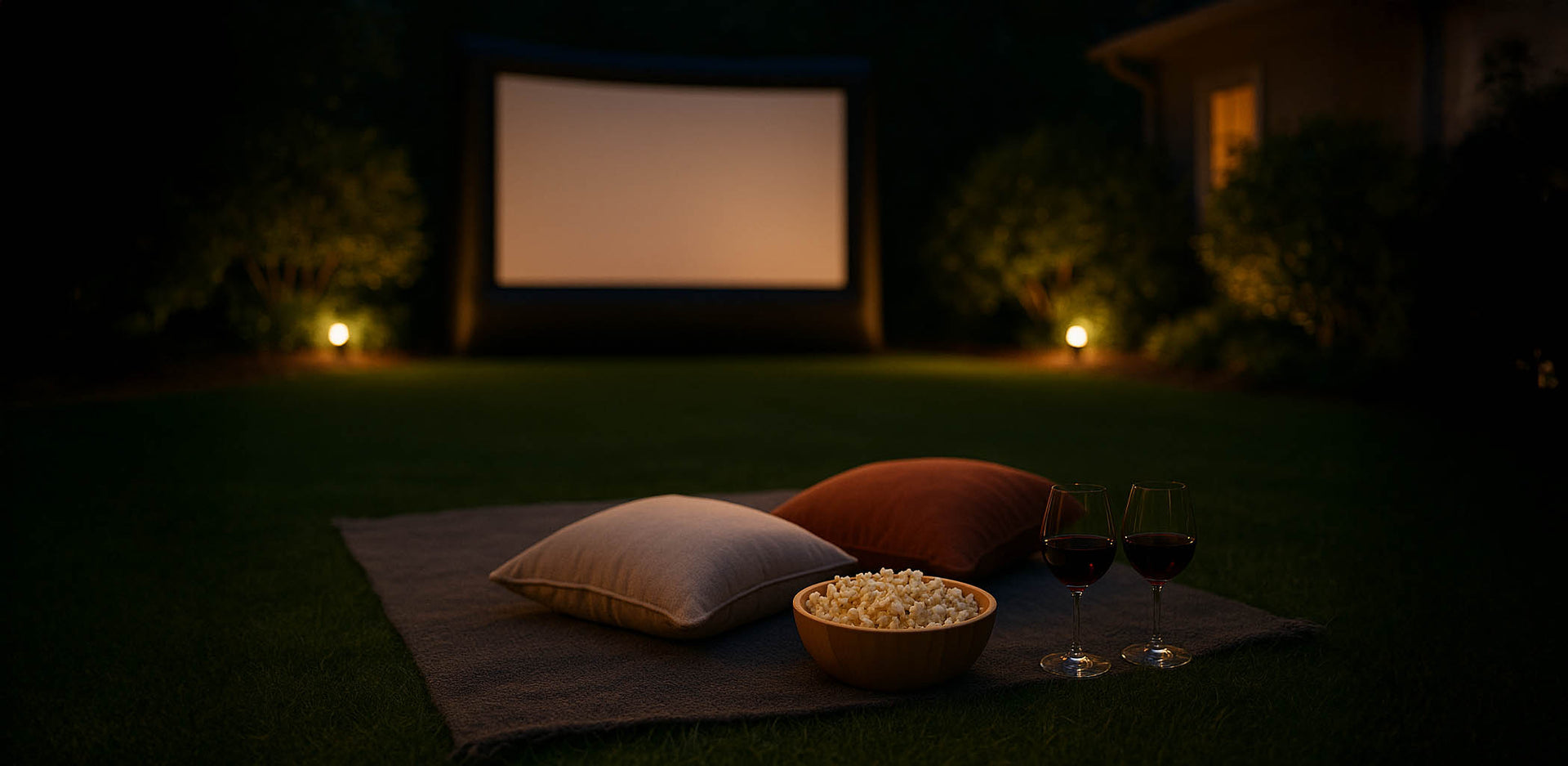 Inflatable blow-up Outdoor movie night setup with a screen, pillows, popcorn, and drinks on a blanket.