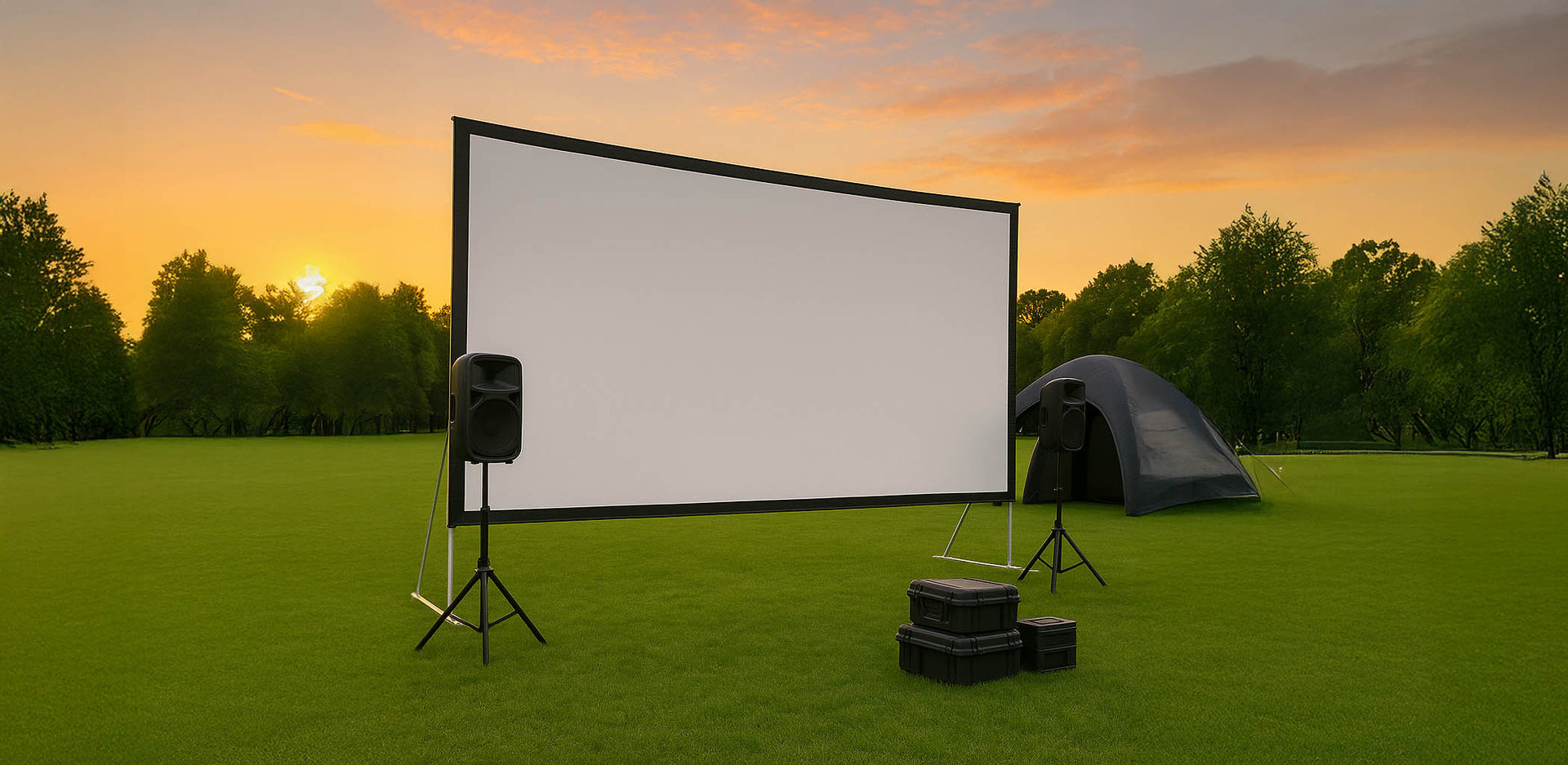 Outdoor setup with a fast fold projector screen, pa speakers, and a tent against a sunset sky.