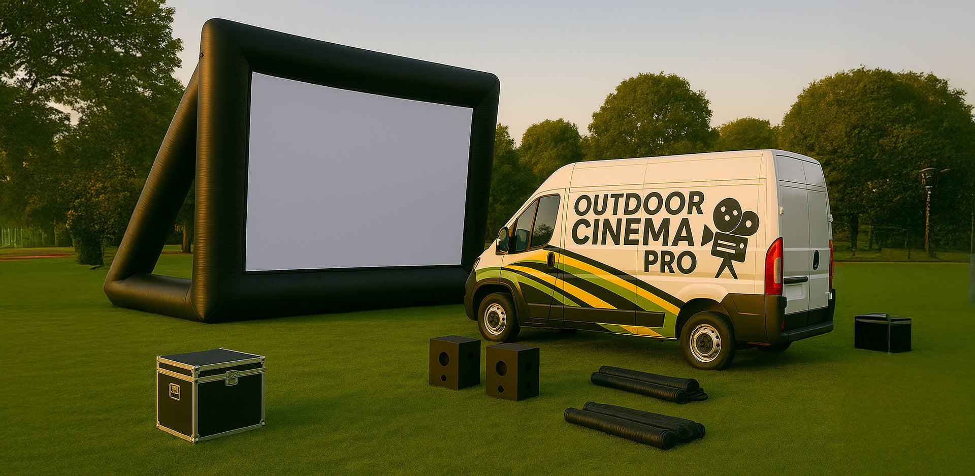 Inflatable movie screen and van labeled 'Outdoor Cinema Pro' with audio equipment on grassy area with trees in the background.