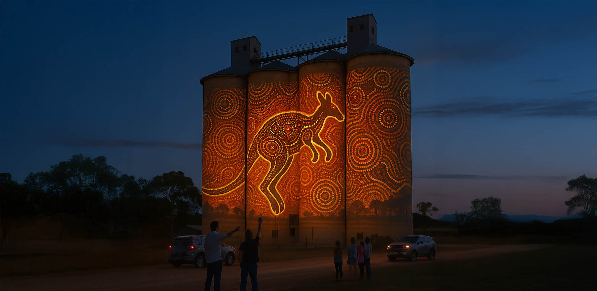 Silo with projected image of Aboriginal art lighting at night, people observing