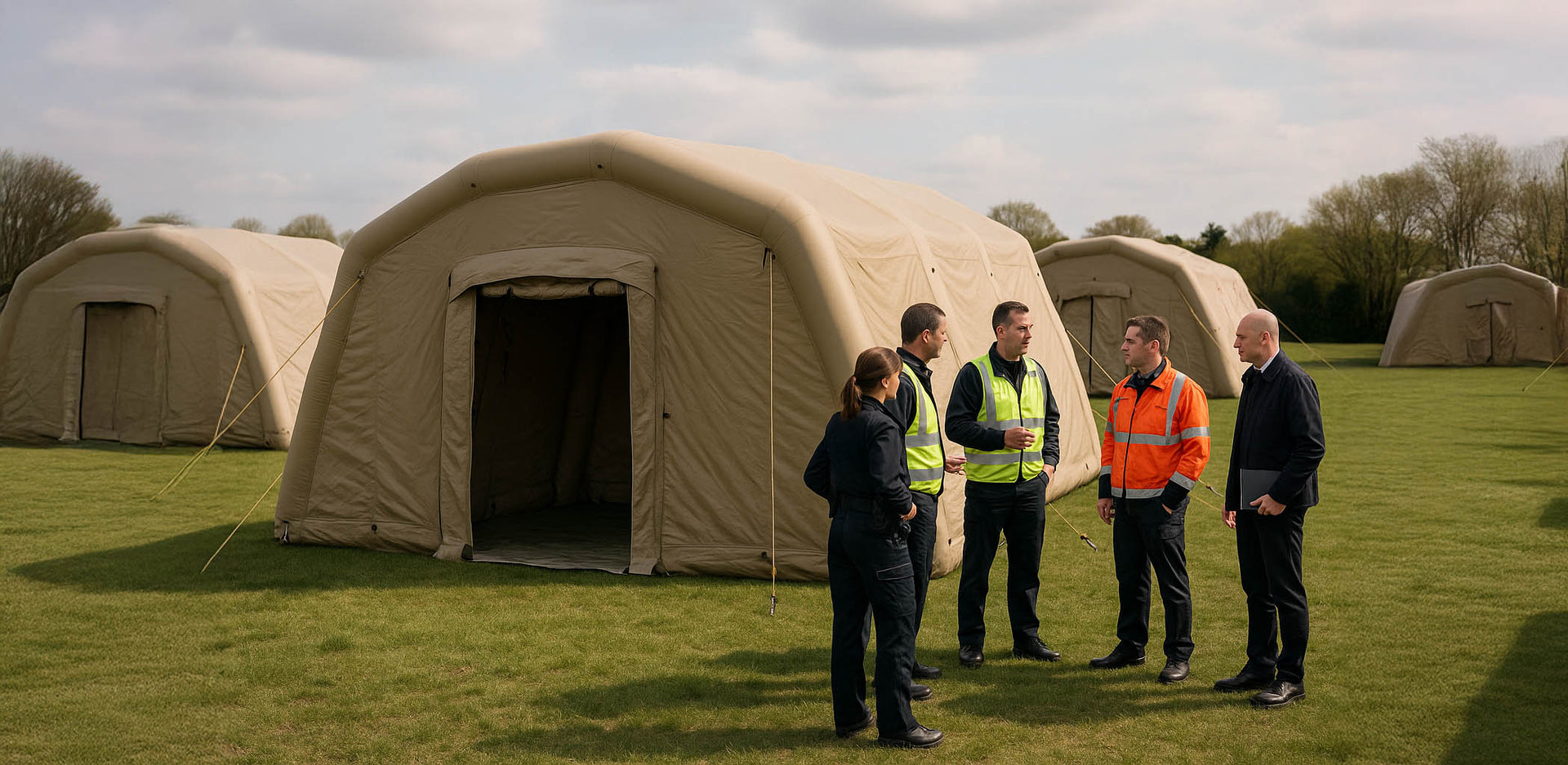Group of people in high-visibility clothing standing near many large emergency-style inflatable beige tents on a grassy field.