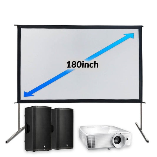 An 180-inch Fast Fold Projection Screen with a white surface, accompanied by a full HD projector and two black 12-inch speakers with stands.