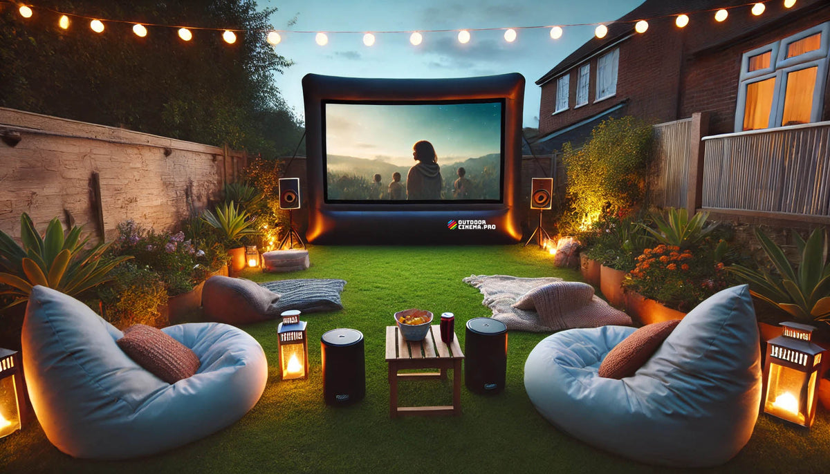 blow up inflatable screen with movie image, with side speakers on stands setup in a background for a home movie night