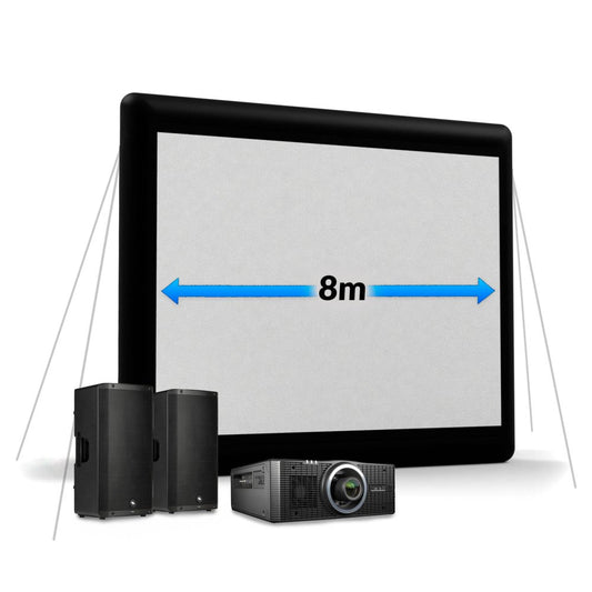 8 metre Outdoor movie screen setup with speakers and projector on a white background