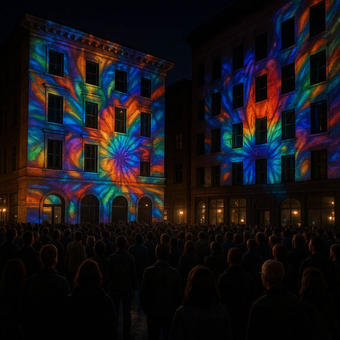 Colorful geometric patterns projected onto buildings with a crowd gathered below at night.