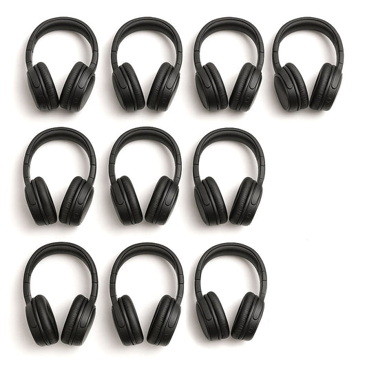 10 pairs of black headphones arranged in a grid on a white background