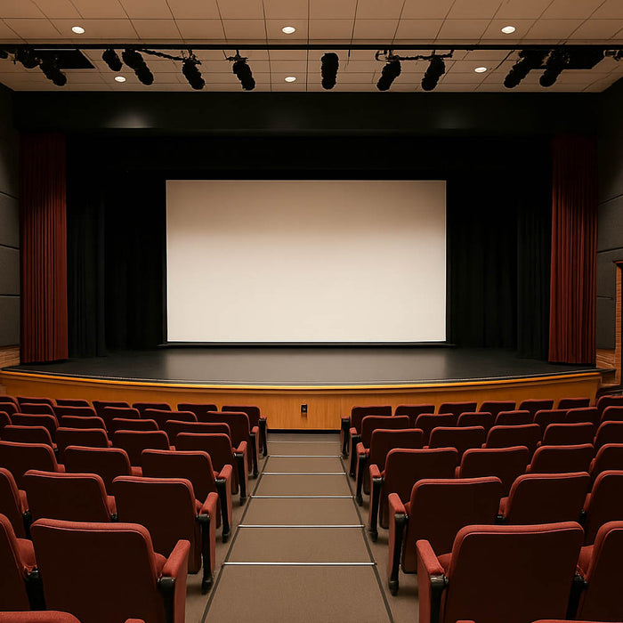 Empty school theatre with red seats and a white projection screen on the stage.