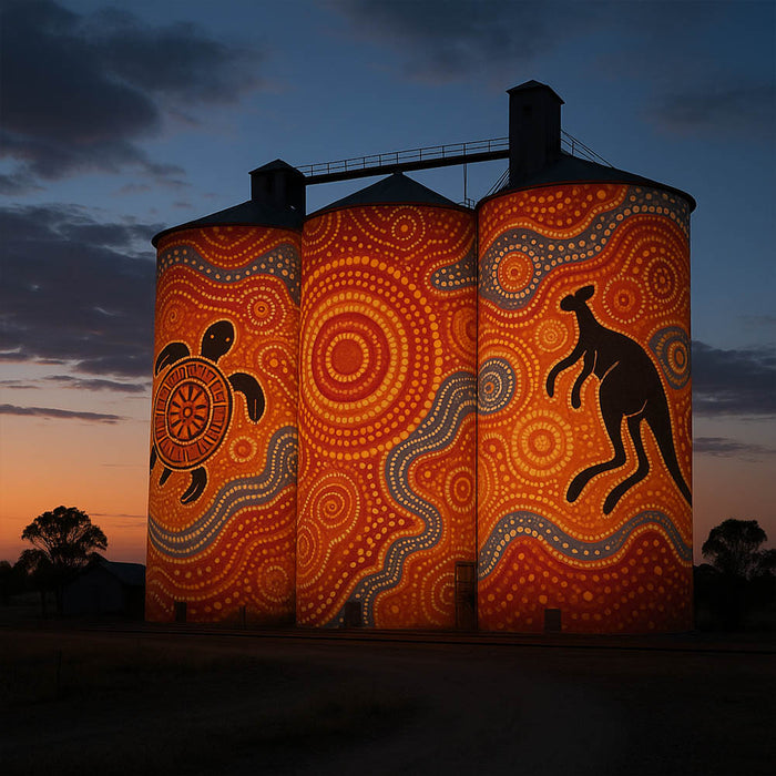 Three illuminated silos with projected images Aboriginal art designs against a dark sky.